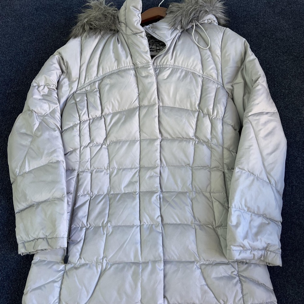 Calvin Klein Coat Womens Small‎ Silver Down Puffer Hooded Quilted Fur Trim